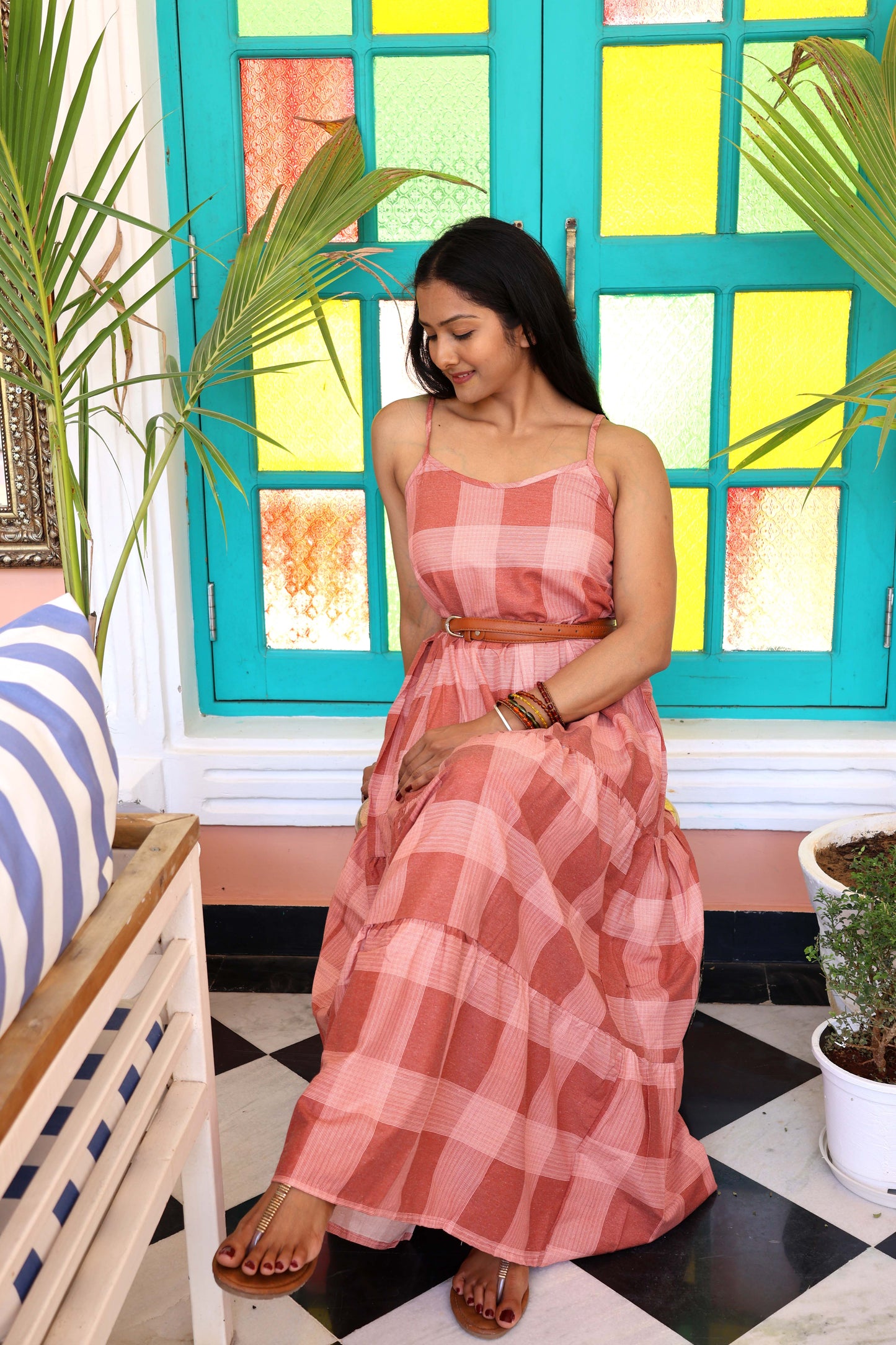 Robe longue à bretelles —iimprimé carreaux terracotta