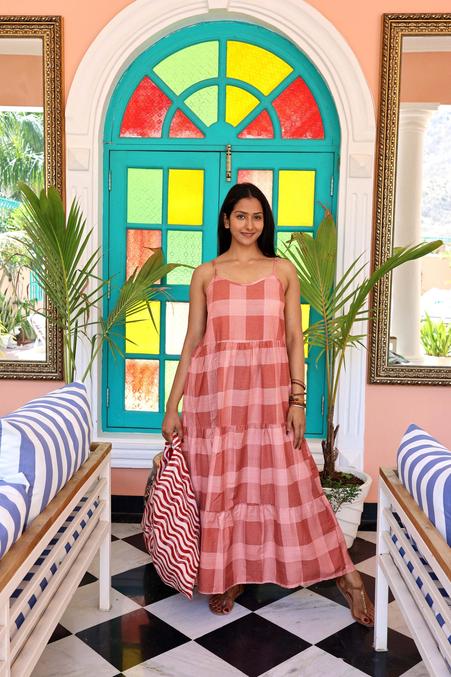 Robe longue à bretelles —iimprimé carreaux terracotta