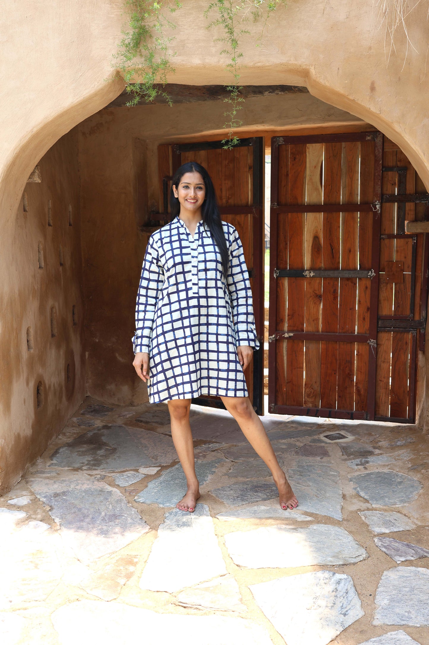 Tunique robe courte — imprimé carreaux marine et blanc