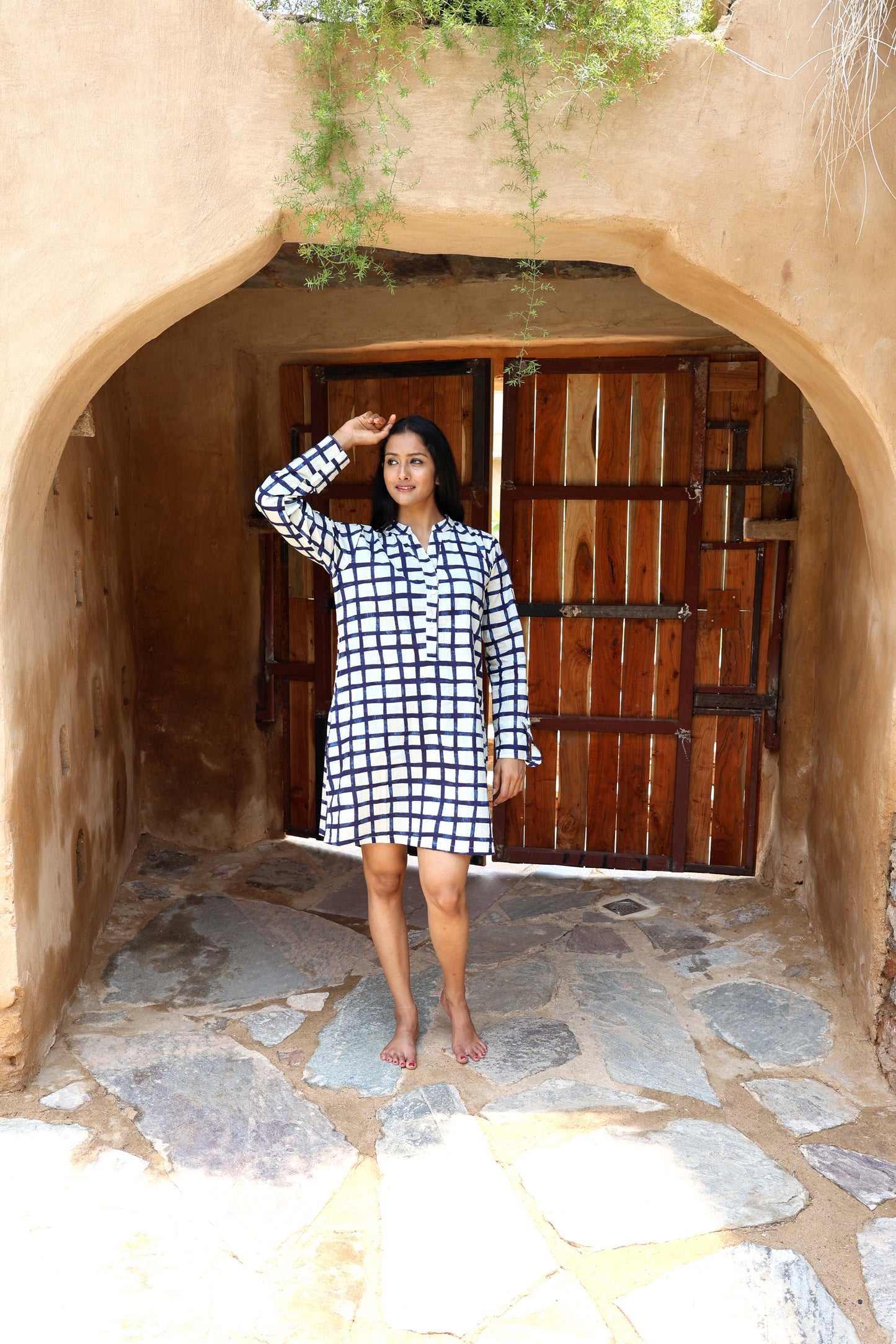 Tunique robe courte — imprimé carreaux marine et blanc