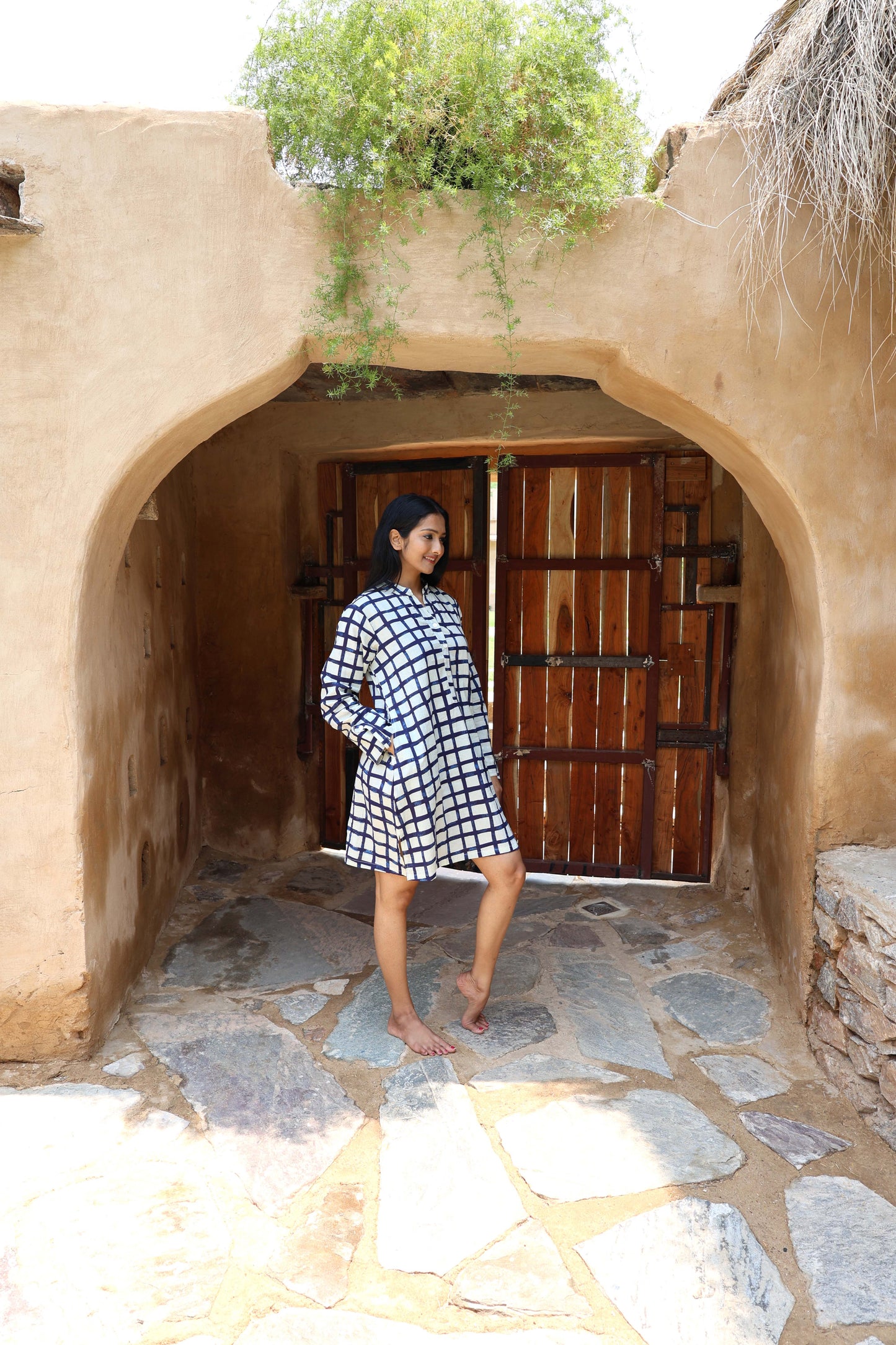 Tunique robe courte — imprimé carreaux marine et blanc