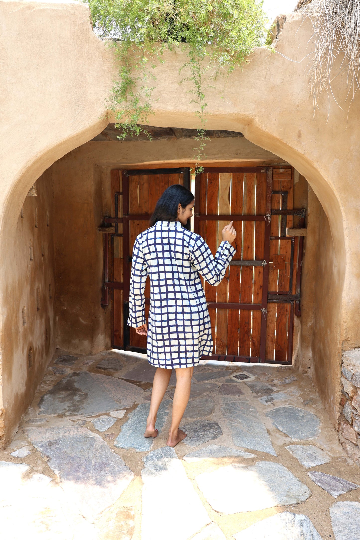 Tunique robe courte — imprimé carreaux marine et blanc