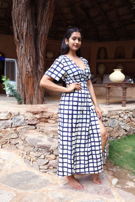 Robe longue Marjolaine carreaux bleu