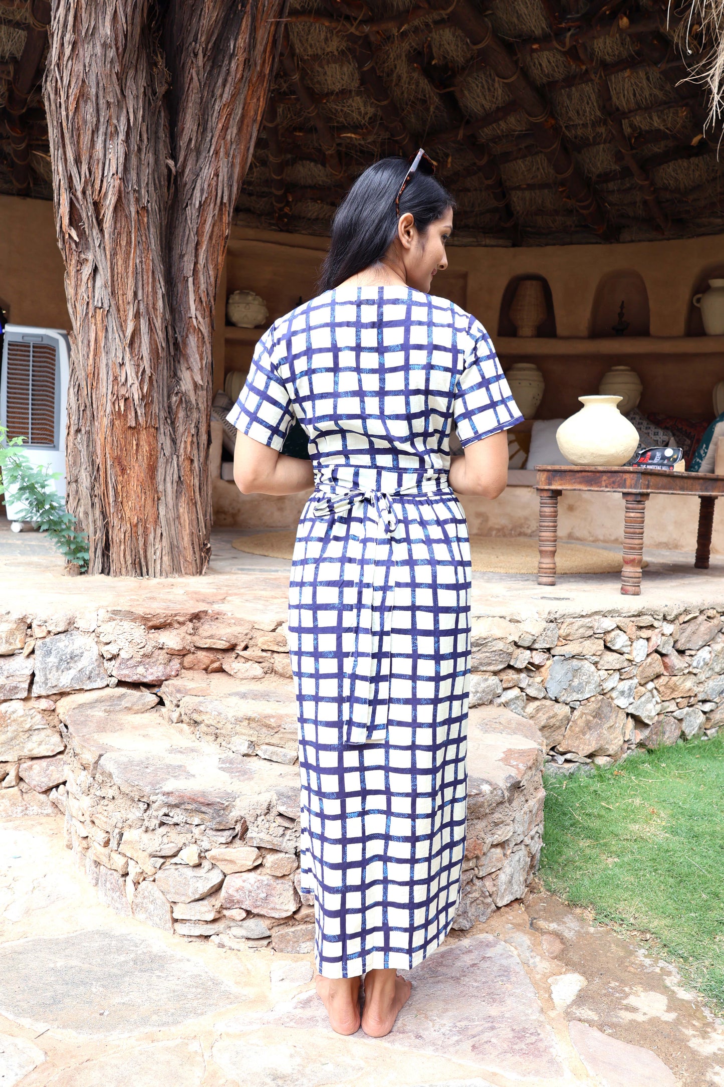 Robe longue Marjolaine carreaux bleu