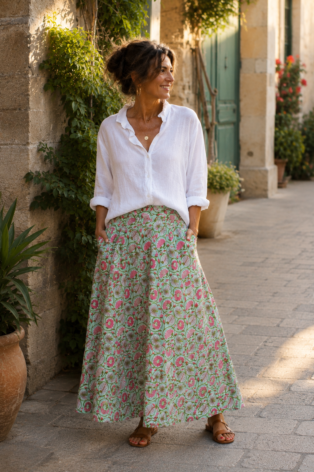 Jupe Longue Amarante vert et rose