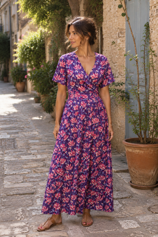 Robe longue Marjolaine Violet fleuri